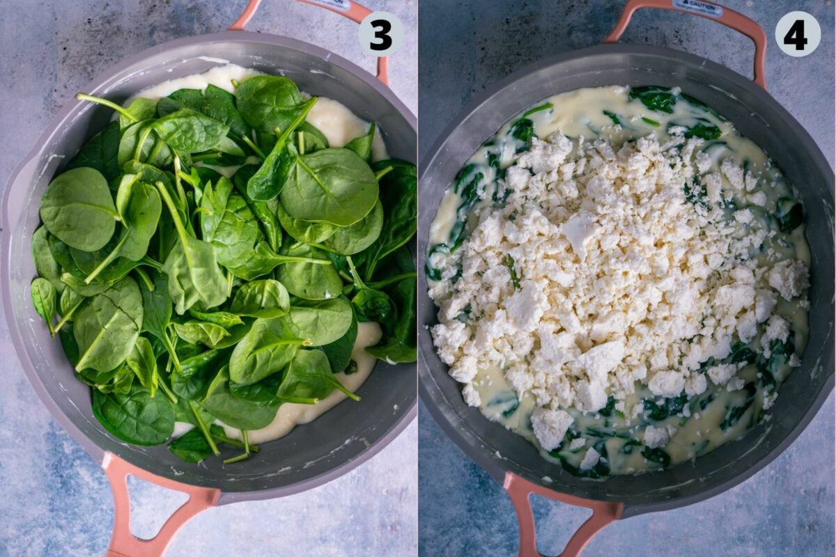 2 image collage showing how to make the spinach paneer mixture