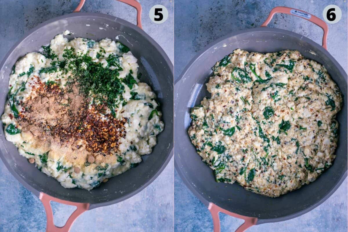2 image collage showing how to make the stuffing for Spinach Paneer Puffs