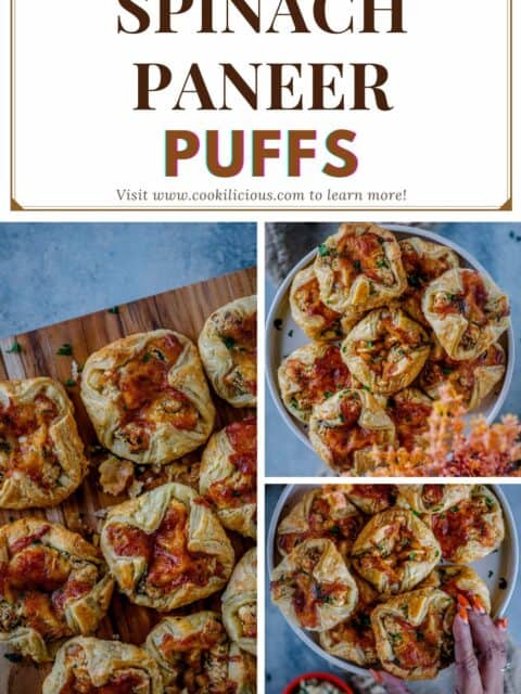 3 image collage of Spinach Paneer Puffs with text at the top