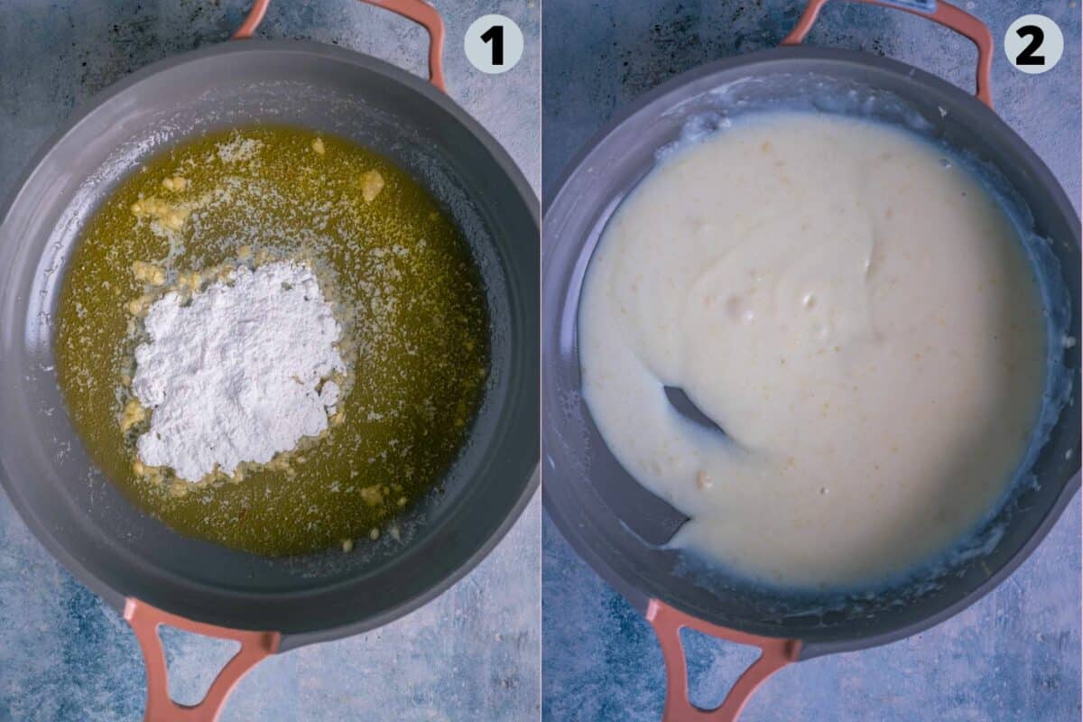 2 image collage showing how to prepare a roux for making Spinach Paneer Puffs
