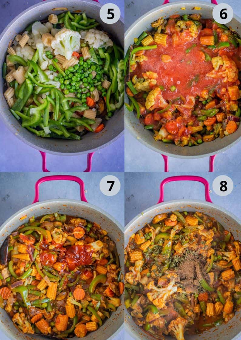 4 image collage showing the process of making vegetable Jalfrezi.