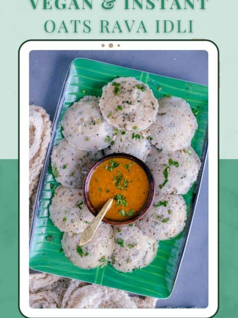 rava oats idli served on a platter with a bowl of sambhar in the center. and text at the top and bottom