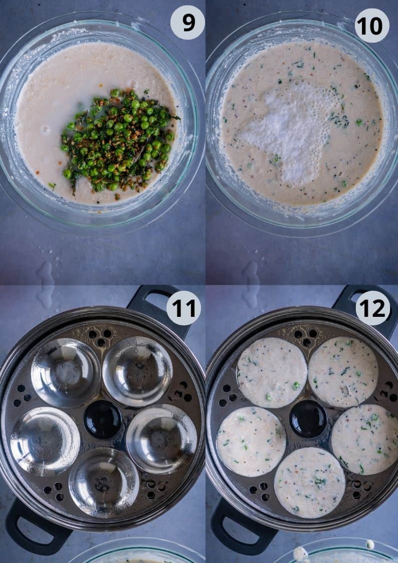 4 image collage showing how to make idli using the traditional Idli cooker.