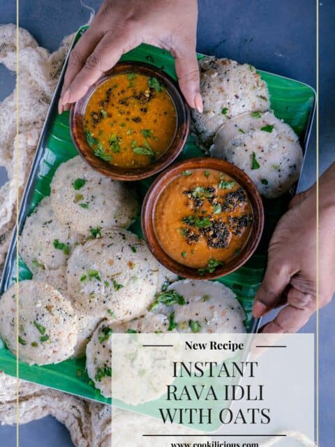 a set of hands holding a tray of rava idli with bowls of sambhar and chutney in it. and text at the bottom