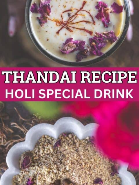 2 image collage of Thandai with text in the center.