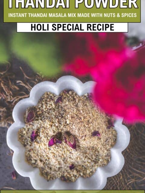 Homemade thandai powder served in a bowl and text at the top and bottom.