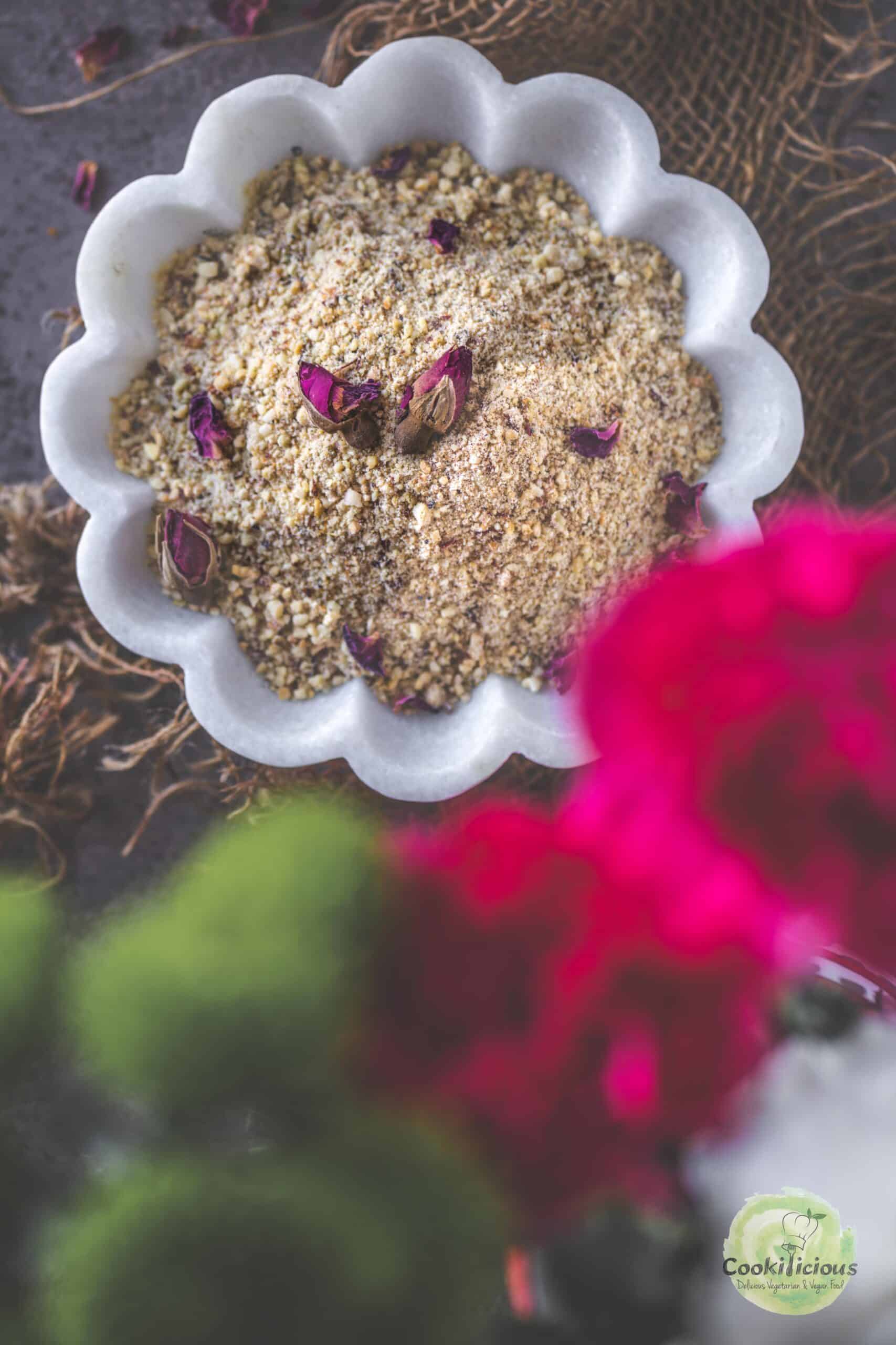 Homemade thandai powder served in a bowl.