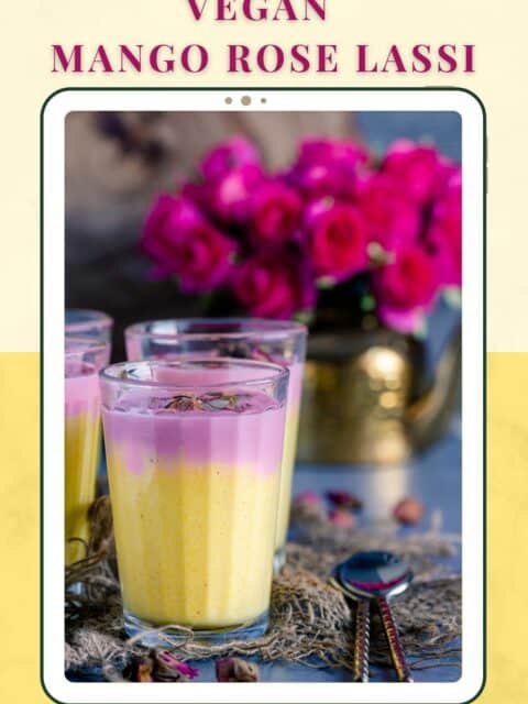 meethi rose mango lassi served in glasses with text at the top and bottom