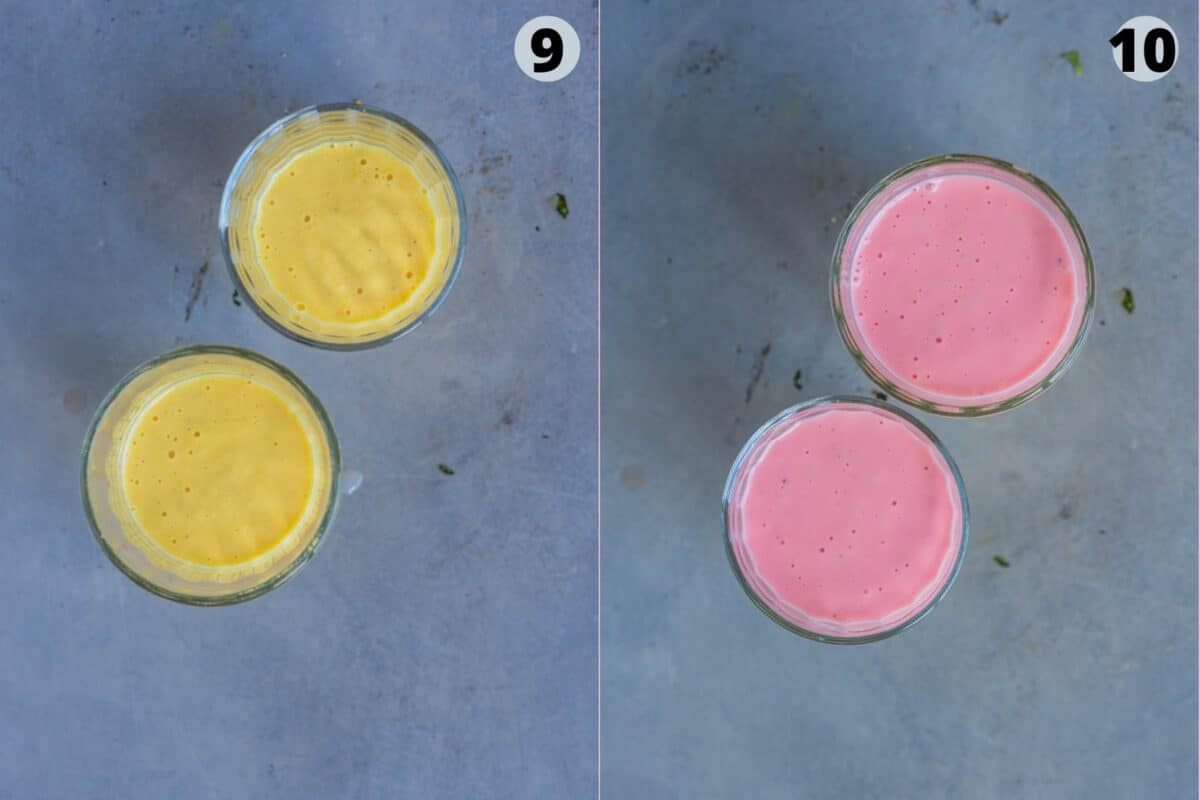 2 image collage of sweet mango and rose lassi.