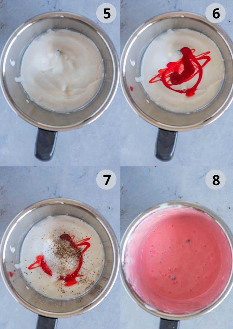 4 image collage showing how to make vegan rose lassi.