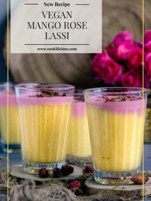 4 glasses of mango rose sweet lassi with text at the top left