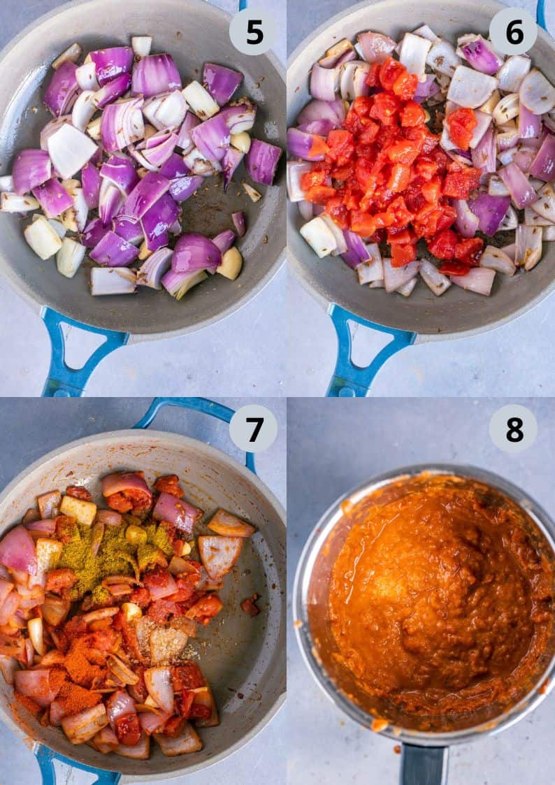 4 image collage showing how to make tikka sauce
