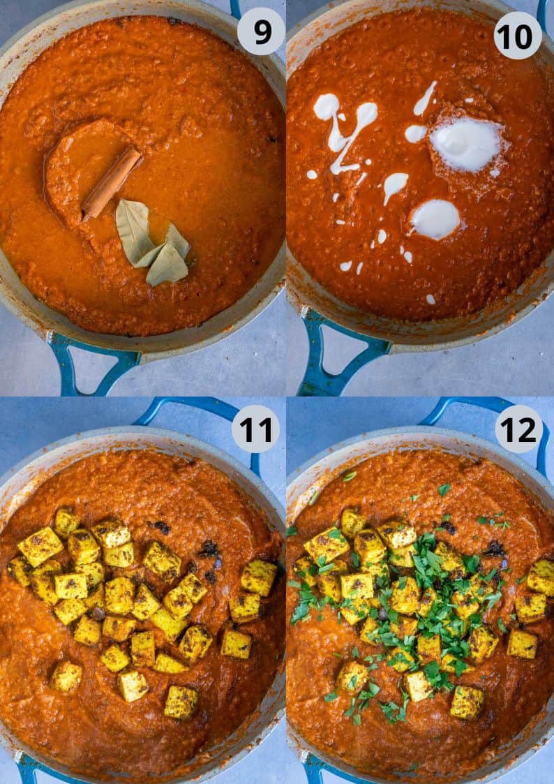 4 image collage showing the steps to make vegan tofu tikka masala