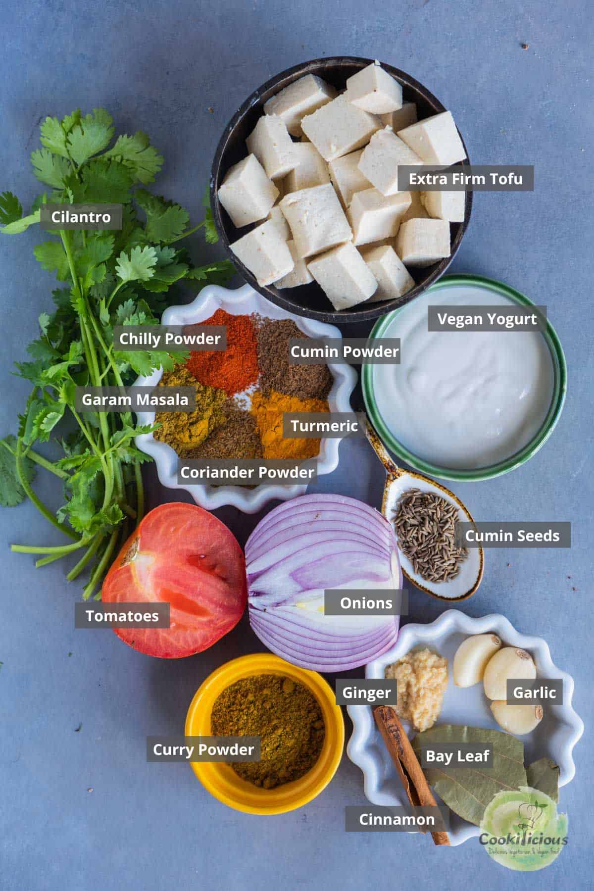 all the ingredients needed to make tofu tikka masala with labels