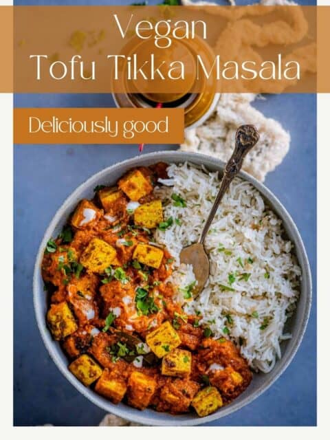 tofu tikka masala served with rice and text at the top and bottom