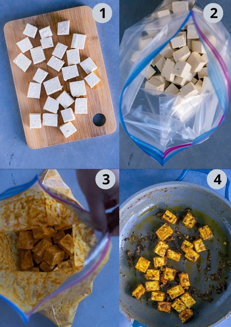 4 image collage showing how to marinate the tofu to make tikka masala