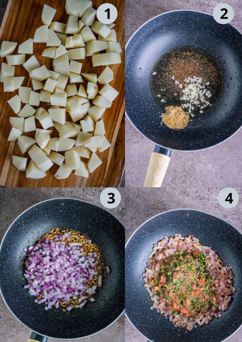 4 image collage showing the steps to make one-pot aloo matar sabzi on the stovetop.