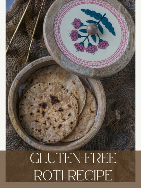 gluten free flatbread stored in a roti box and text at the bottom.