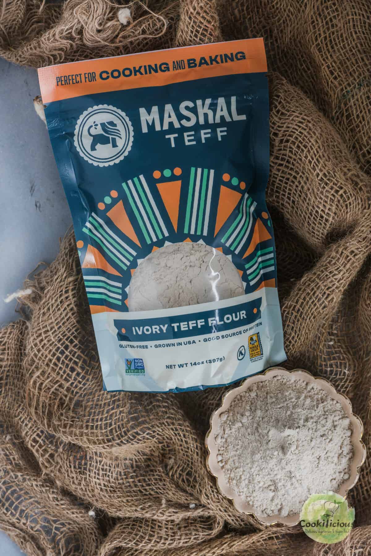 Teff flour in its packet and in a bowl.