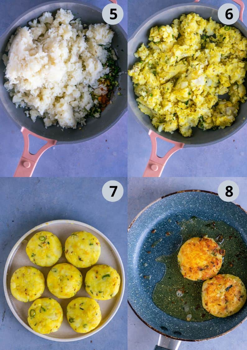 4 image collage showing the steps to make potato pattice.