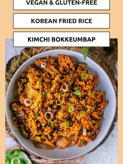 Kimchi fried rice served n a round bowl and text at the top and bottom.