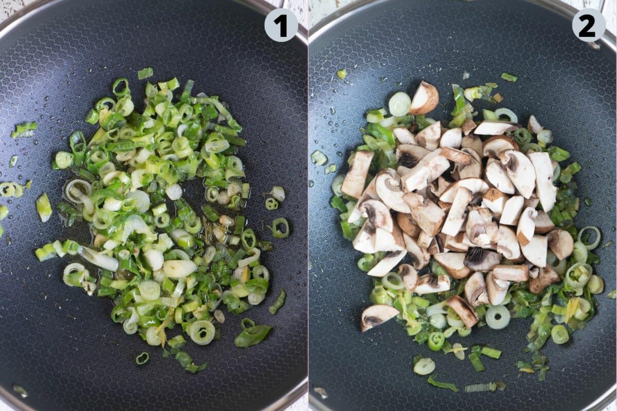 2 image collage showing how to saute the veggies to make Korean Fried Rice.
