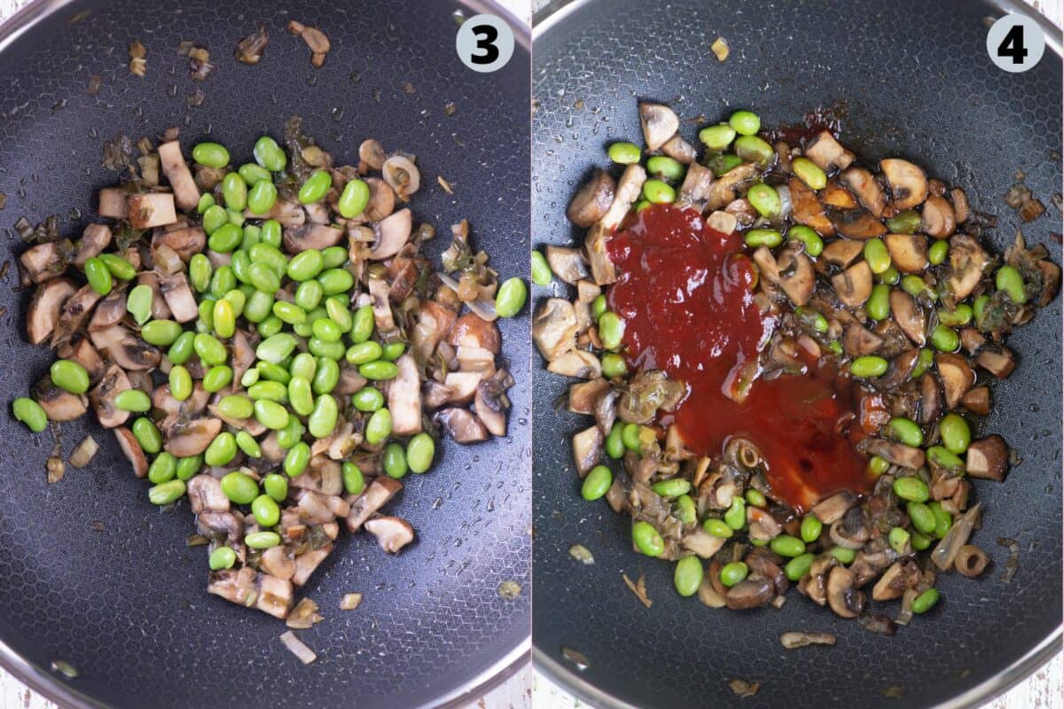 2 image collage showing how to make Kimchi Bokkeumbap.