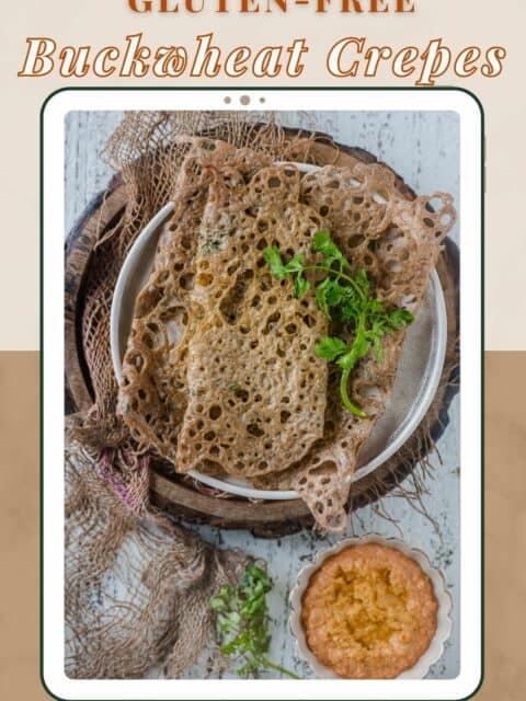 French buckwheat galette served in a plate and text at the top and bottom.