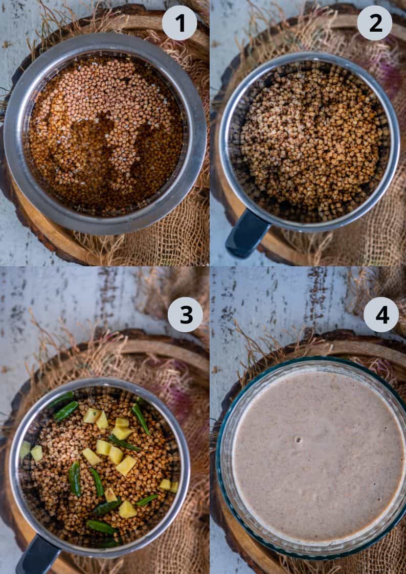 4 image collage showing the steps to make kuttu dosa batter.