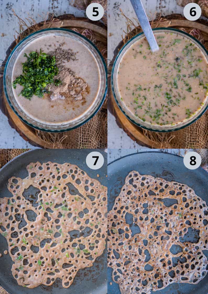 4 image collage showing the steps to make buckwheat crepes.