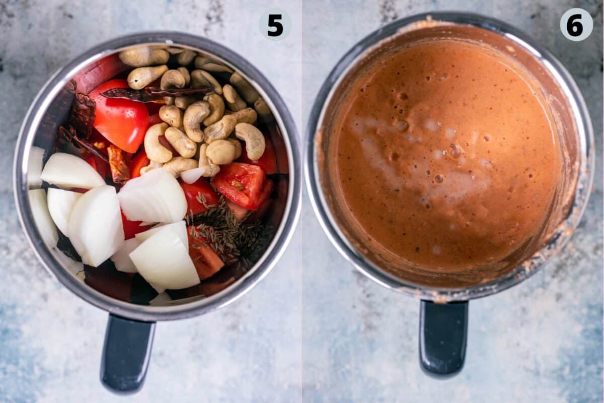 2 image collage showing how to make the ground masala for the tomato gravy.