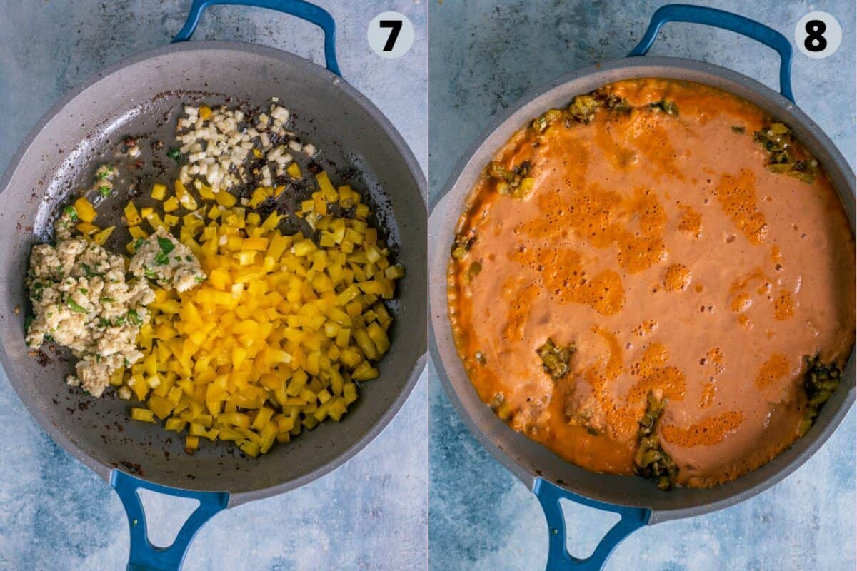 2 iimage collage showing how to make Indian-style tomato gravy.