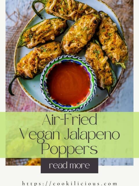 Vegan Air Fried Jalapeno Poppers served in a plate with a bowl of ketchup on the side and text at the bottom.
