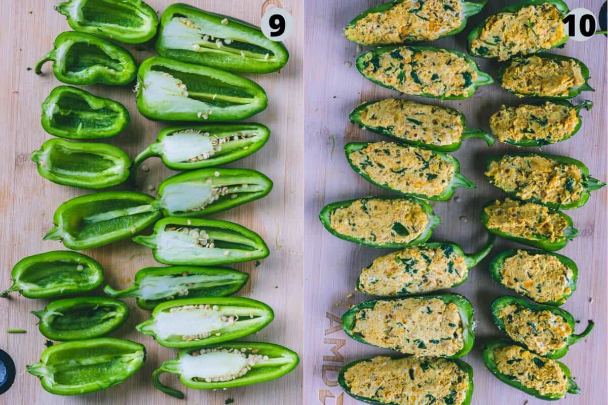 2 image collage showing how to stuff the jalapenos.