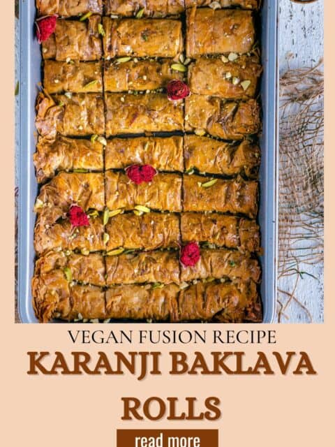 Baking dish filled with Vegan Baklava Rolls and text at the bottom.