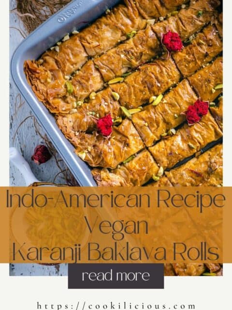 Vegan Baklava Rolls served on a tray and text at the bottom.