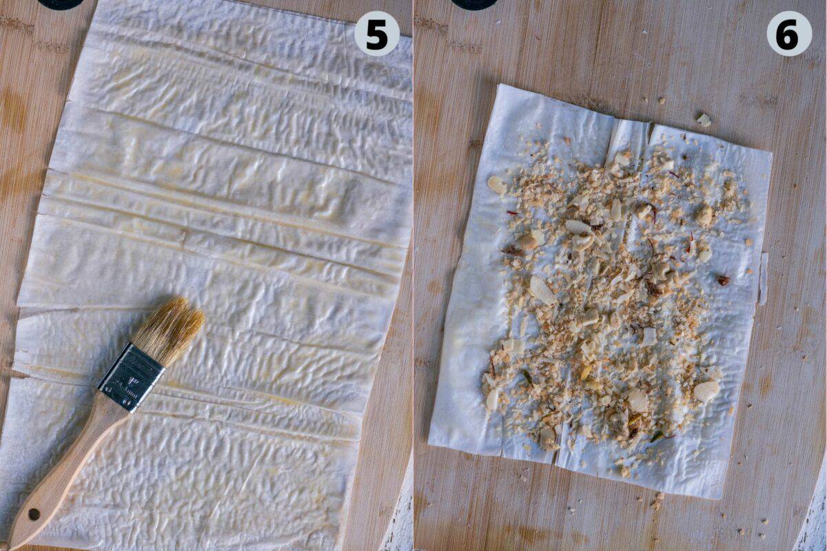 2 image collage showing how to prep the phyllo dough to make Vegan Baklava Rolls.
