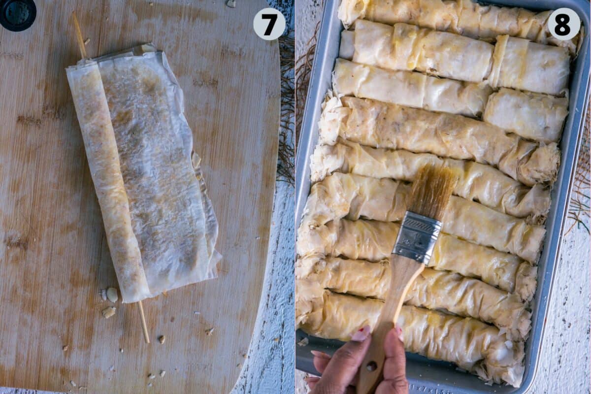 2 image collage showing how to prepare the baklava rolls.
