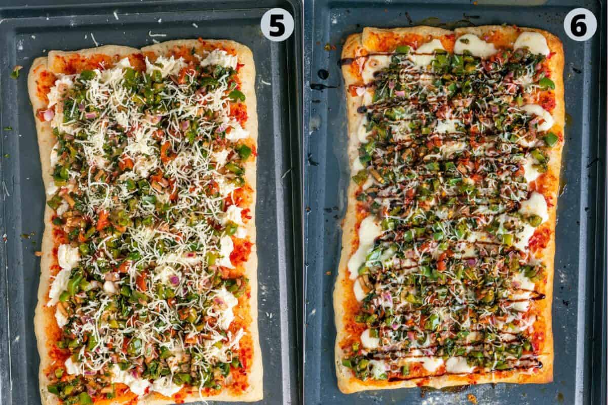 2 image collage showing how to bake an Easy Tomato Bruschetta Pizza.
