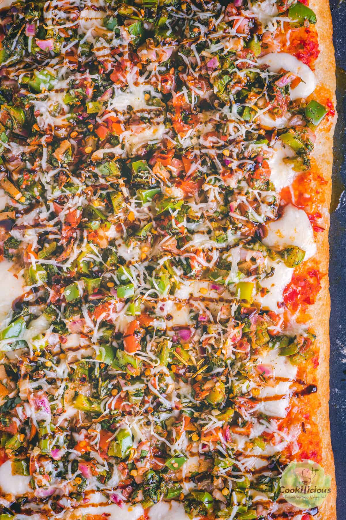 close up shot of Easy Tomato Bruschetta Pizza.
