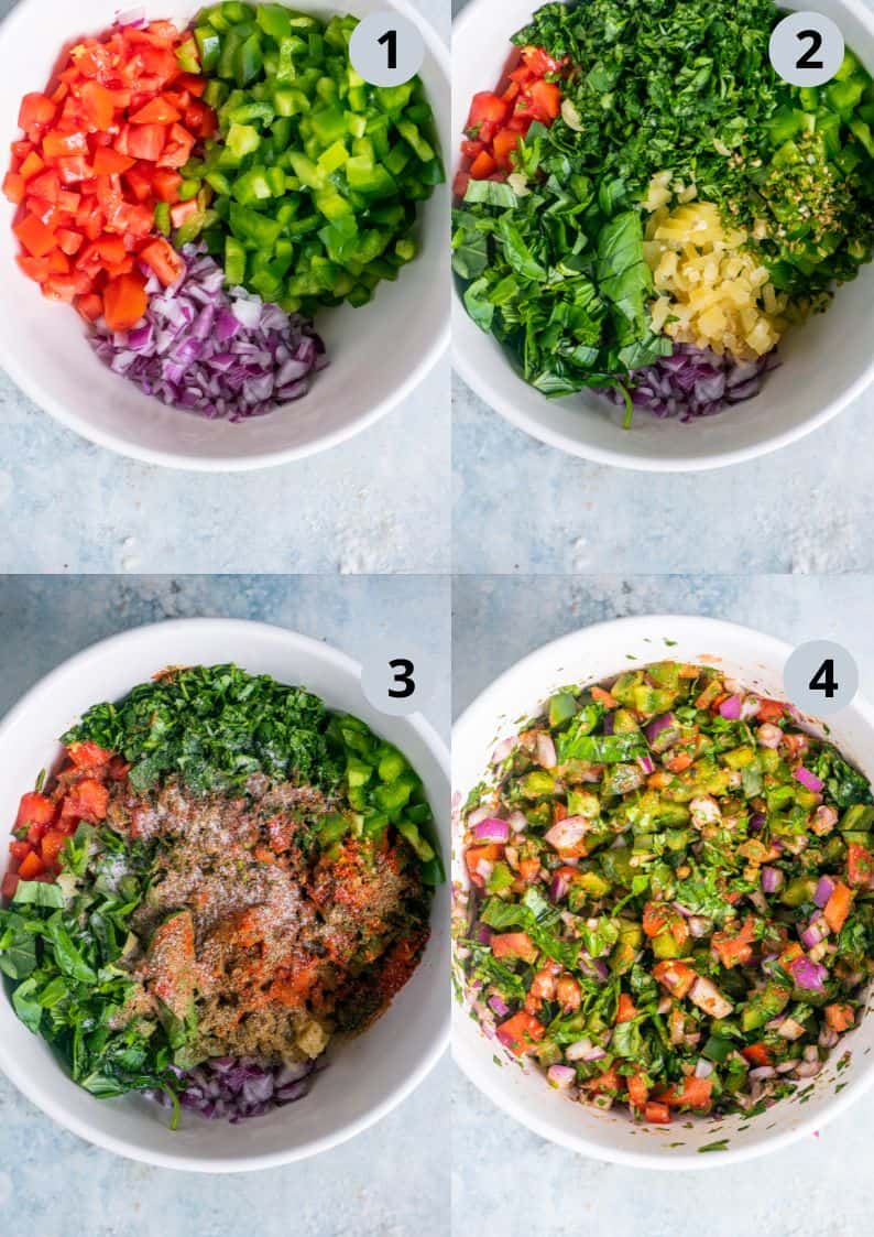 4 image collage showing the steps to make Bruschetta mixture.