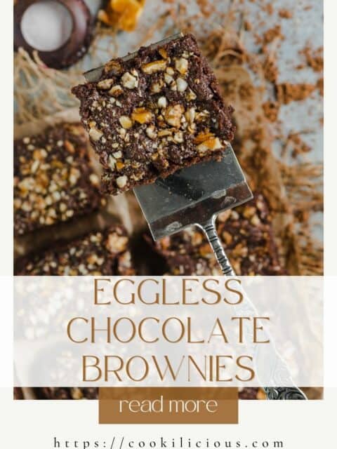 Chocolate Brownie on a serving spoon and text in the middle.