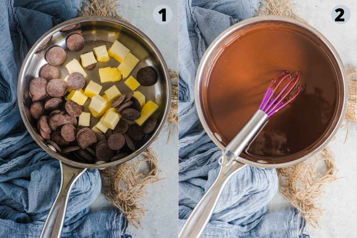 2 image collage showing how to make eggless brownie batter.