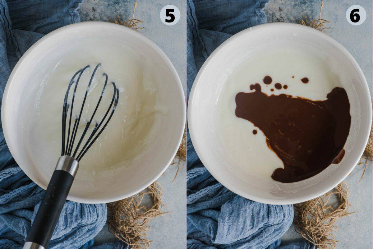 2 image collage showing the steps to make eggless brownies with chocolate.
