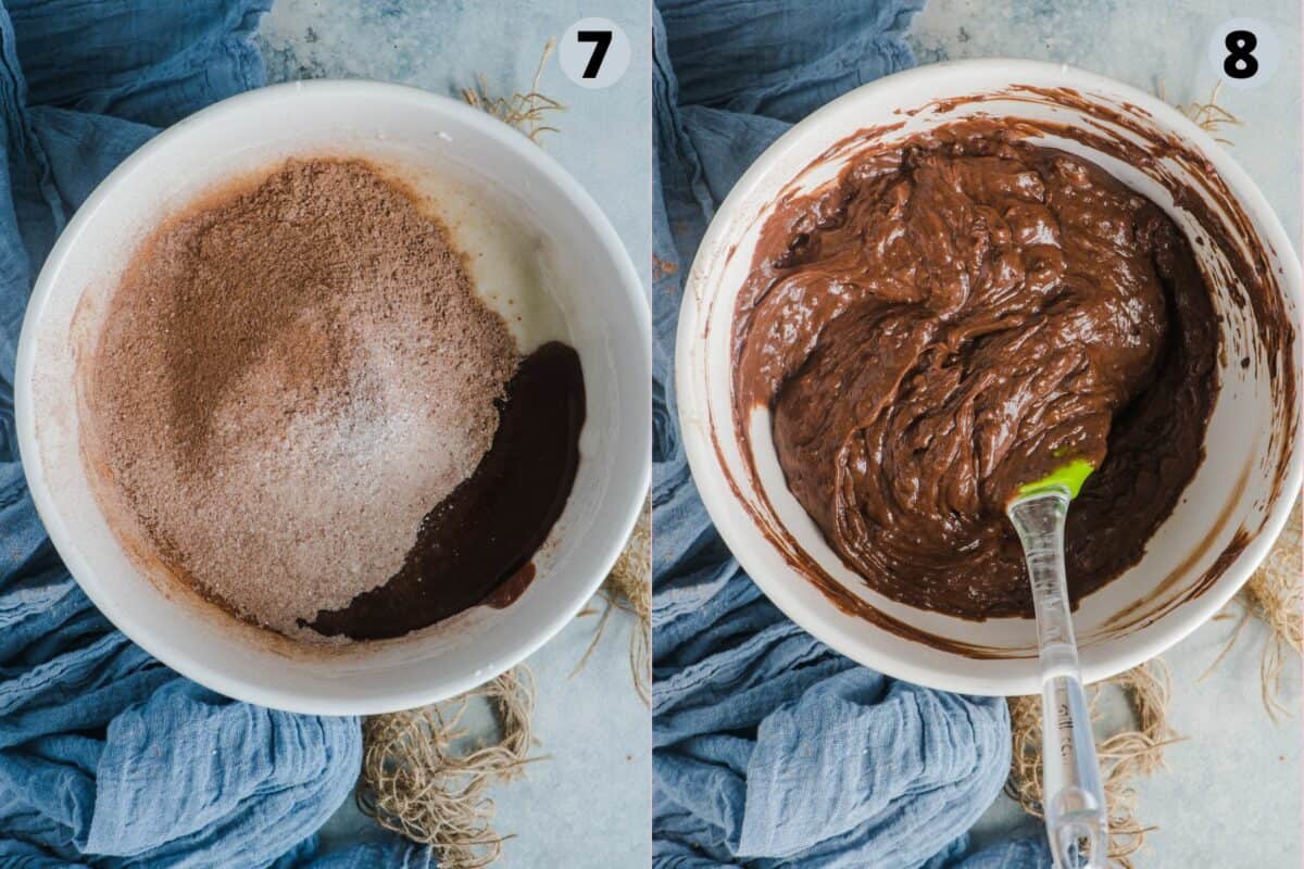 2 image collage showing how to make the batter for egg-free brownies.