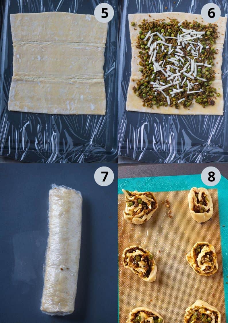 4 image collage showing how to make puff pastry pinwheels.