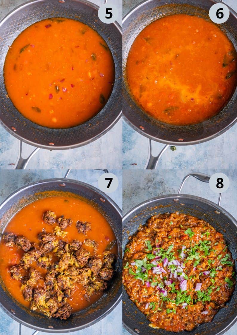 4 image collage showing how to make mushroom Kalan gravy.