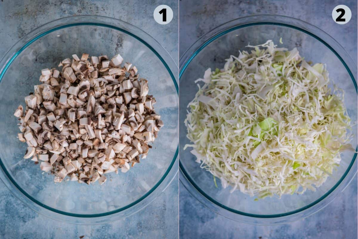 2 image collage showing how to prep the mushrooms to make kalan.