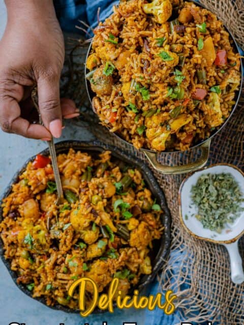 2 bowls of vegan tawa pulao and one hand is digging into one of the bowls with a spoon and text at the bottom.