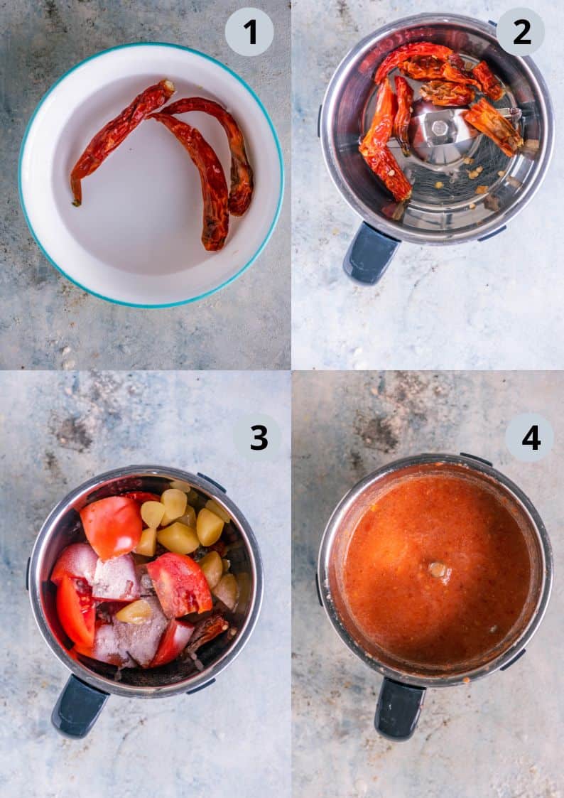 4 image collage showing how to prepare the chilly garlic sauce to make tawa pulao.